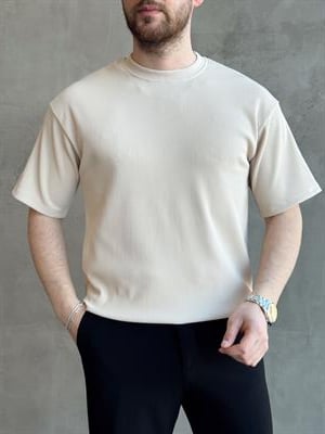 Erkek Yüksek Kalite Oversize Kalıp Bisiklet Yaka Fitil Detaylı T-Shirt-Bej(E1656)