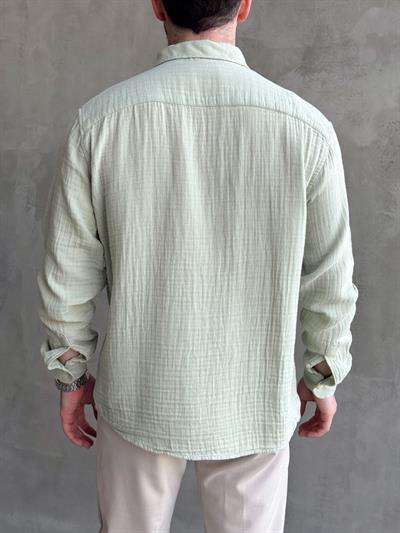 Erkek Yüksek Kalite Oversize Kalıp Cep Detaylı Müslin Kumaş Gömlek-Mint(E1630)