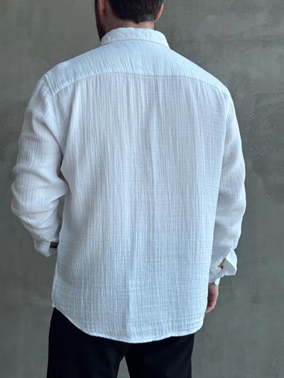 Erkek Yüksek Kalite Oversize Kalıp Cep Detaylı Müslin Kumaş Gömlek-Beyaz(E1630)
