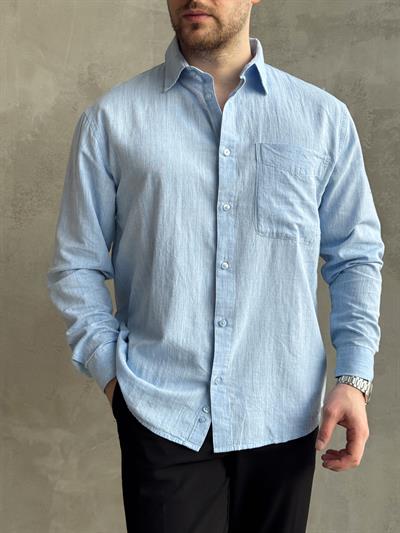 Erkek Yüksek Kalite Oversize Kalıp Cep Detaylı Keten Karışımlı Gömlek-Bebe Mavi(E1601)