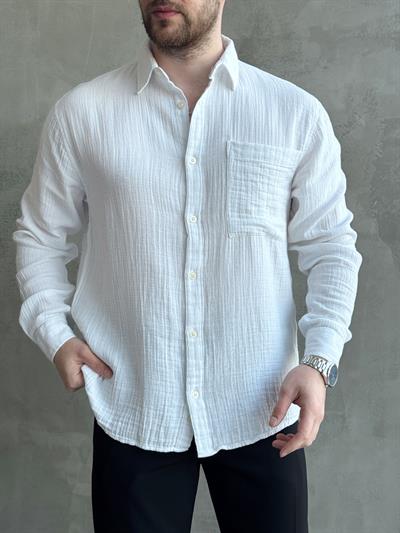 Erkek Yüksek Kalite Oversize Kalıp Cep Detaylı Müslin Kumaş Gömlek-Beyaz(E1630)