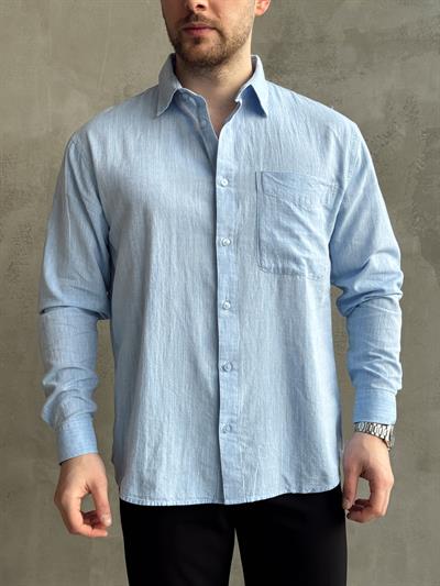 Erkek Yüksek Kalite Oversize Kalıp Cep Detaylı Keten Karışımlı Gömlek-Bebe Mavi(E1601)