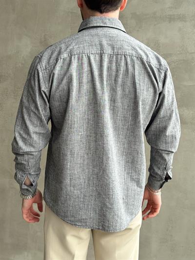 Erkek Yüksek Kalite Oversize Kalıp Cep Detaylı Keten Karışımlı Gömlek-Füme(E1601)