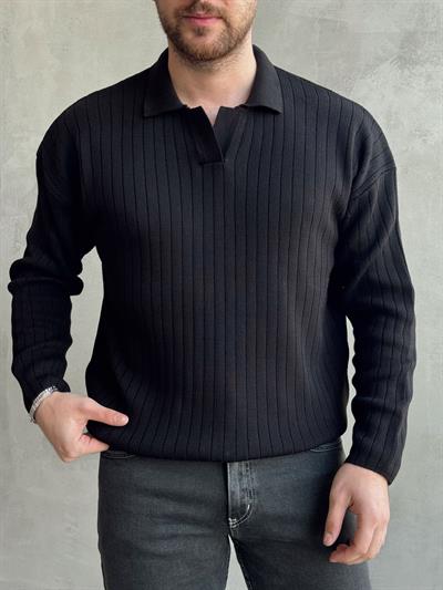 Erkek Yüksek Kalite Oversize Kalıp Çizgi Detaylı Polo Yaka Triko Kazak-Siyah(E1541)Ketench