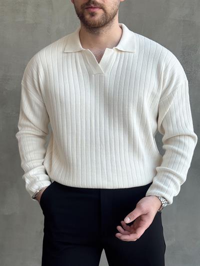 Erkek Yüksek Kalite Oversize Kalıp Çizgi Detaylı Polo Yaka Triko Kazak-Ekru(E1541)Ketench