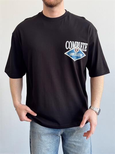 Erkek Yüksek Kalite Oversize Kalıp Complate Kabaran Baskı Detay T-Shirt-Siyah(E1370)