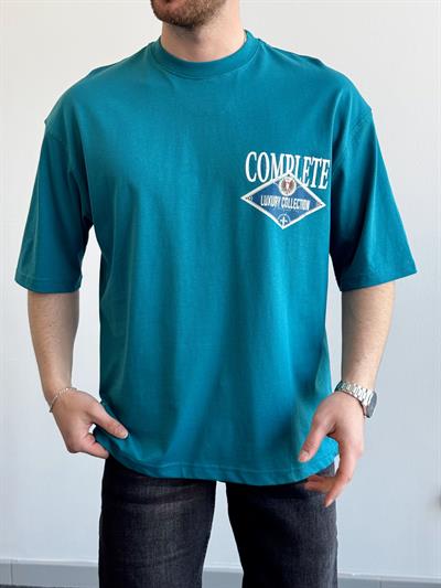 Erkek Yüksek Kalite Oversize Kalıp Complate Kabaran Baskı Detay T-Shirt-Petrol(E1370)