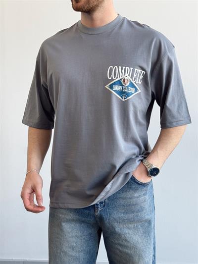 Erkek Yüksek Kalite Oversize Kalıp Complate Kabaran Baskı Detay T-Shirt-Füme(E1370)