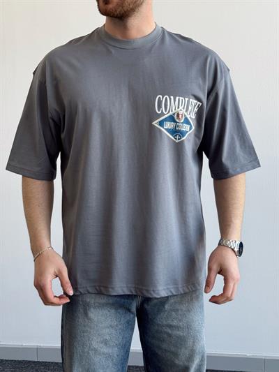 Erkek Yüksek Kalite Oversize Kalıp Complate Kabaran Baskı Detay T-Shirt-Füme(E1370)