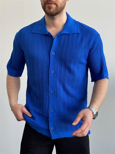 Erkek Yüksek Kalite Oversize Kalıp Desenli Yaka Detay Triko Hırka-Saks(E1292)