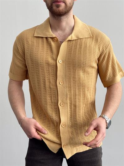 Erkek Yüksek Kalite Oversize Kalıp Desenli Yaka Detay Triko Hırka-Hardal(E1292)