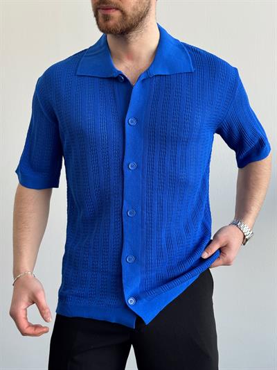 Erkek Yüksek Kalite Oversize Kalıp Desenli Yaka Detay Triko Hırka-Saks(E1292)