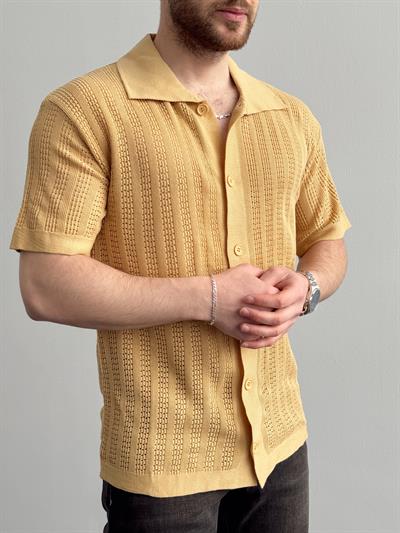 Erkek Yüksek Kalite Oversize Kalıp Desenli Yaka Detay Triko Hırka-Hardal(E1292)