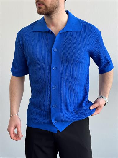 Erkek Yüksek Kalite Oversize Kalıp Desenli Yaka Detay Triko Hırka-Saks(E1292)