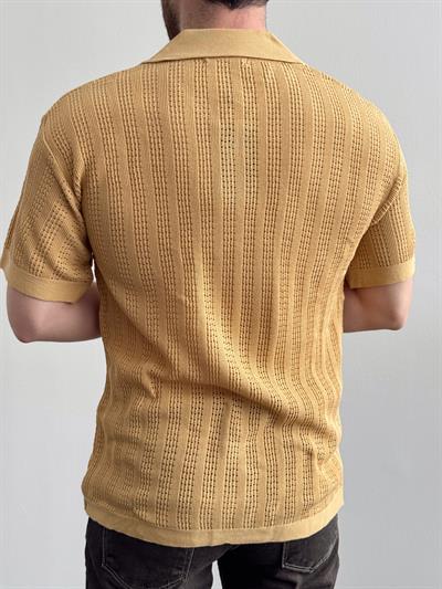 Erkek Yüksek Kalite Oversize Kalıp Desenli Yaka Detay Triko Hırka-Hardal(E1292)