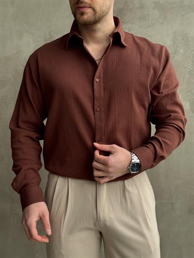 Erkek Yüksek Kalite Oversize Kalıp Dökümlü %100 Pamuk Krinkıl Gömlek-Kahverengi(E1598)