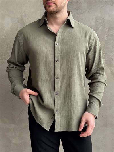 Erkek Yüksek Kalite Oversize Kalıp Dökümlü %100 Pamuk Krinkıl Gömlek-Haki(E1598)Ketench