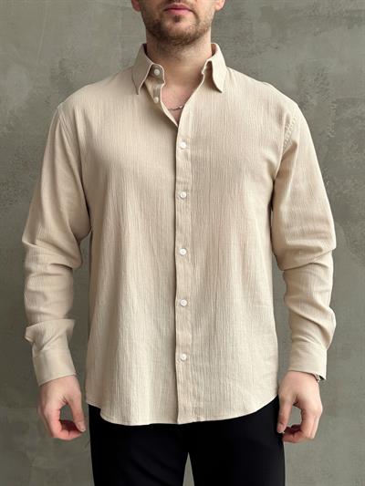Erkek Yüksek Kalite Oversize Kalıp Dökümlü %100 Pamuk Krinkıl Gömlek-Vizon(E1598)