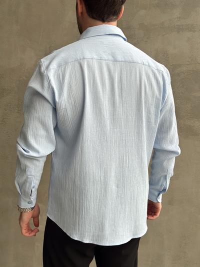 Erkek Yüksek Kalite Oversize Kalıp Dökümlü %100 Pamuk Krinkıl Gömlek-Bebe Mavi(E1598)