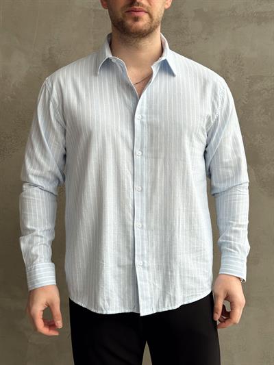 Erkek Yüksek Kalite Oversize Kalıp Dökümlü İnce Çizgi Detaylı %100 Pamuk Gömlek-Bebe Mavi(E1603)