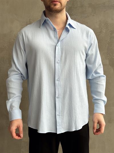Erkek Yüksek Kalite Oversize Kalıp Dökümlü %100 Pamuk Krinkıl Gömlek-Bebe Mavi(E1598)