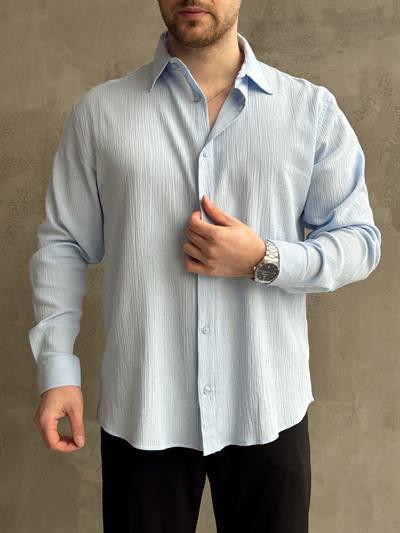 Erkek Yüksek Kalite Oversize Kalıp Dökümlü %100 Pamuk Krinkıl Gömlek-Bebe Mavi(E1598)