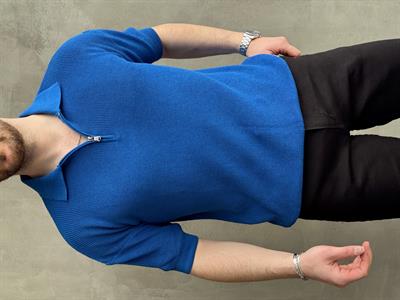 Erkek Yüksek Kalite Oversize Kalıp Fermuar Detaylı Polo Yaka Triko T-Shirt-Sax(E1610)