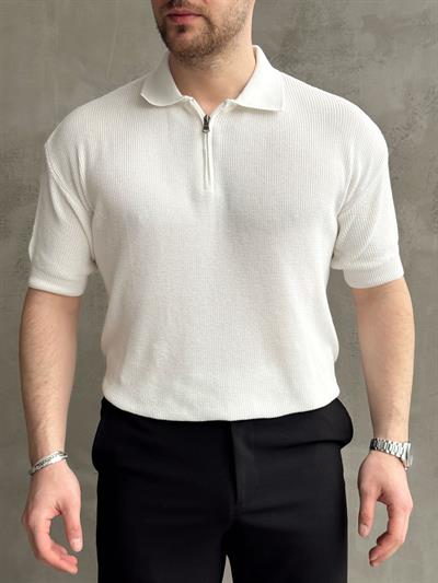 Erkek Yüksek Kalite Oversize Kalıp Fermuar Detaylı Polo Yaka Triko T-Shirt-Beyaz(E1610)
