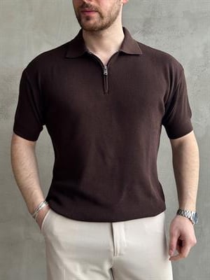 Erkek Yüksek Kalite Oversize Kalıp Fermuar Detaylı Polo Yaka Triko T-Shirt-Barut(E1610)