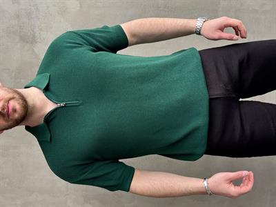 Erkek Yüksek Kalite Oversize Kalıp Fermuar Detaylı Polo Yaka Triko T-Shirt-Yeşil(E1610)