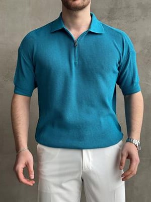 Erkek Yüksek Kalite Oversize Kalıp Fermuar Detaylı Polo Yaka Triko T-Shirt-Turkuaz(E1610)
