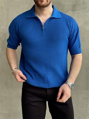 Erkek Yüksek Kalite Oversize Kalıp Fermuar Detaylı Polo Yaka Triko T-Shirt-Sax(E1610)