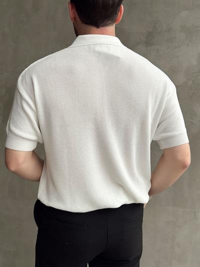 Erkek Yüksek Kalite Oversize Kalıp Fermuar Detaylı Polo Yaka Triko T-Shirt-Beyaz(E1610)
