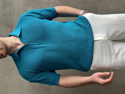 Erkek Yüksek Kalite Oversize Kalıp Fermuar Detaylı Polo Yaka Triko T-Shirt-Turkuaz(E1610)