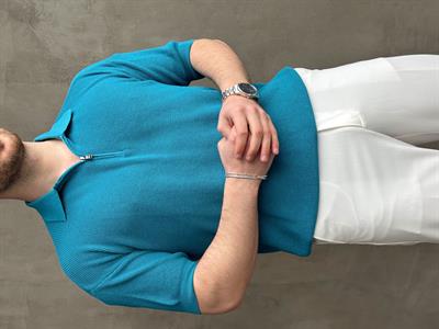 Erkek Yüksek Kalite Oversize Kalıp Fermuar Detaylı Polo Yaka Triko T-Shirt-Turkuaz(E1610)