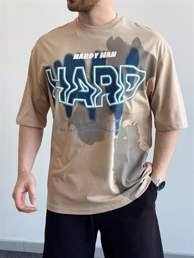 Erkek Yüksek Kalite Oversize Kalıp Hard Man Baskı Detay T-Shirt-Bej(E1369)