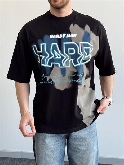 Erkek Yüksek Kalite Oversize Kalıp Hard Man Baskı Detay T-Shirt-Siyah(E1369)