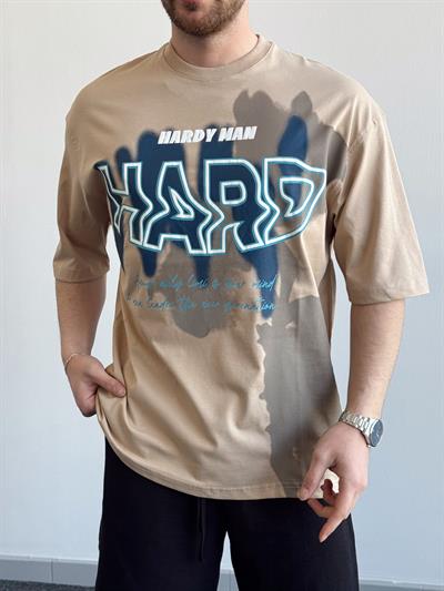 Erkek Yüksek Kalite Oversize Kalıp Hard Man Baskı Detay T-Shirt-Bej(E1369)