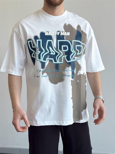 Erkek Yüksek Kalite Oversize Kalıp Hard Man Baskı Detay T-Shirt-Beyaz(E1369)