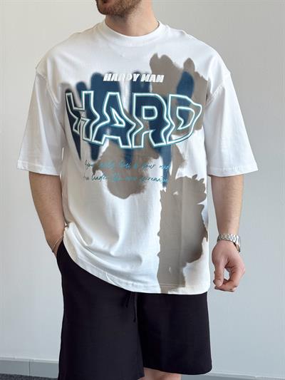 Erkek Yüksek Kalite Oversize Kalıp Hard Man Baskı Detay T-Shirt-Beyaz(E1369)
