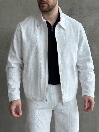 Erkek Yüksek Kalite Oversize Kalıp İçi Astarlı Halat Desenli Yazlık Keten Ceket-Beyaz(E1624)