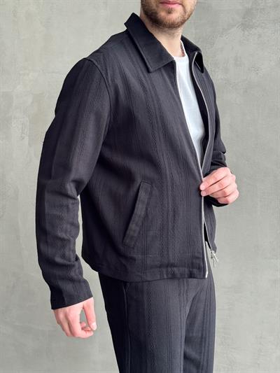 Erkek Yüksek Kalite Oversize Kalıp İçi Astarlı Halat Desenli Yazlık Keten Ceket-Siyah(E1624)