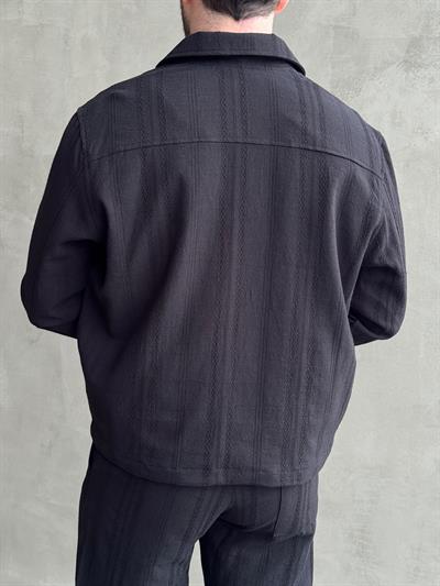 Erkek Yüksek Kalite Oversize Kalıp İçi Astarlı Halat Desenli Yazlık Keten Ceket-Siyah(E1624)