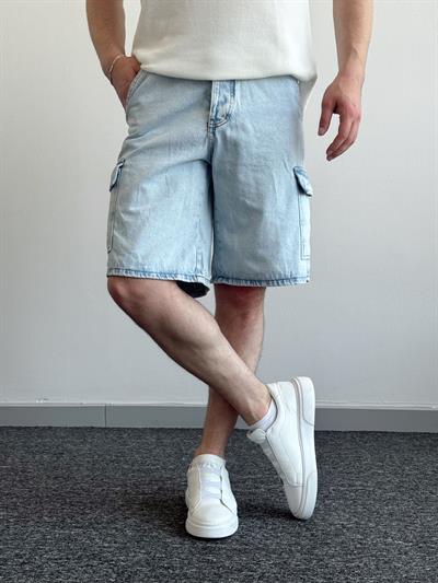 Erkek Yüksek Kalite Oversize Kalıp Kargo Cep Detay Hem Sneaker Hem Sandalet Kambinlenebilir Denim Şort-Açık Mavi(E1423)TD:537Ketench