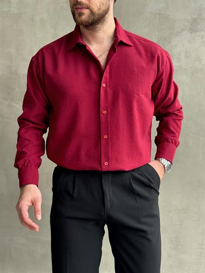 Erkek Yüksek Kalite Oversize Kalıp Kışlık Modal Kumaş Gömlek-Bordo(E1508)Ketench