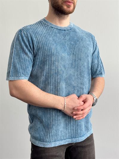 Erkek Yüksek Kalite Oversize Kalıp Knit Washed T-Shirt-İndigo(E1289)