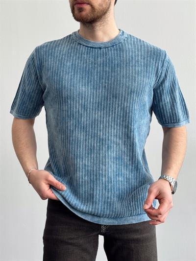 Erkek Yüksek Kalite Oversize Kalıp Knit Washed T-Shirt-İndigo(E1289)