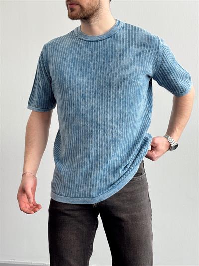 Erkek Yüksek Kalite Oversize Kalıp Knit Washed T-Shirt-İndigo(E1289)