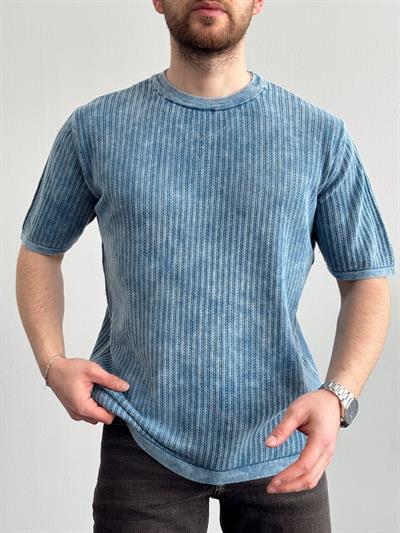 Erkek Yüksek Kalite Oversize Kalıp Knit Washed T-Shirt-İndigo(E1289)