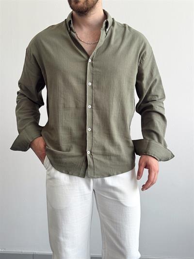 Erkek Yüksek Kalite Oversize Kalıp Krinkıl Kumaş Gömlek-Haki(E1280)Ketench